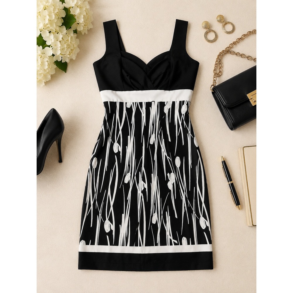 White House Black Market 50s Style Floral Sheath Dress Black White Size 4 - Picture 2 of 5